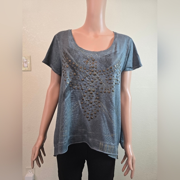 HARLEY DAVIDSON Multi-Stud V Neck Short Sleeve Sharkbite Hem Green Tee Sz Large - Picture 1 of 8